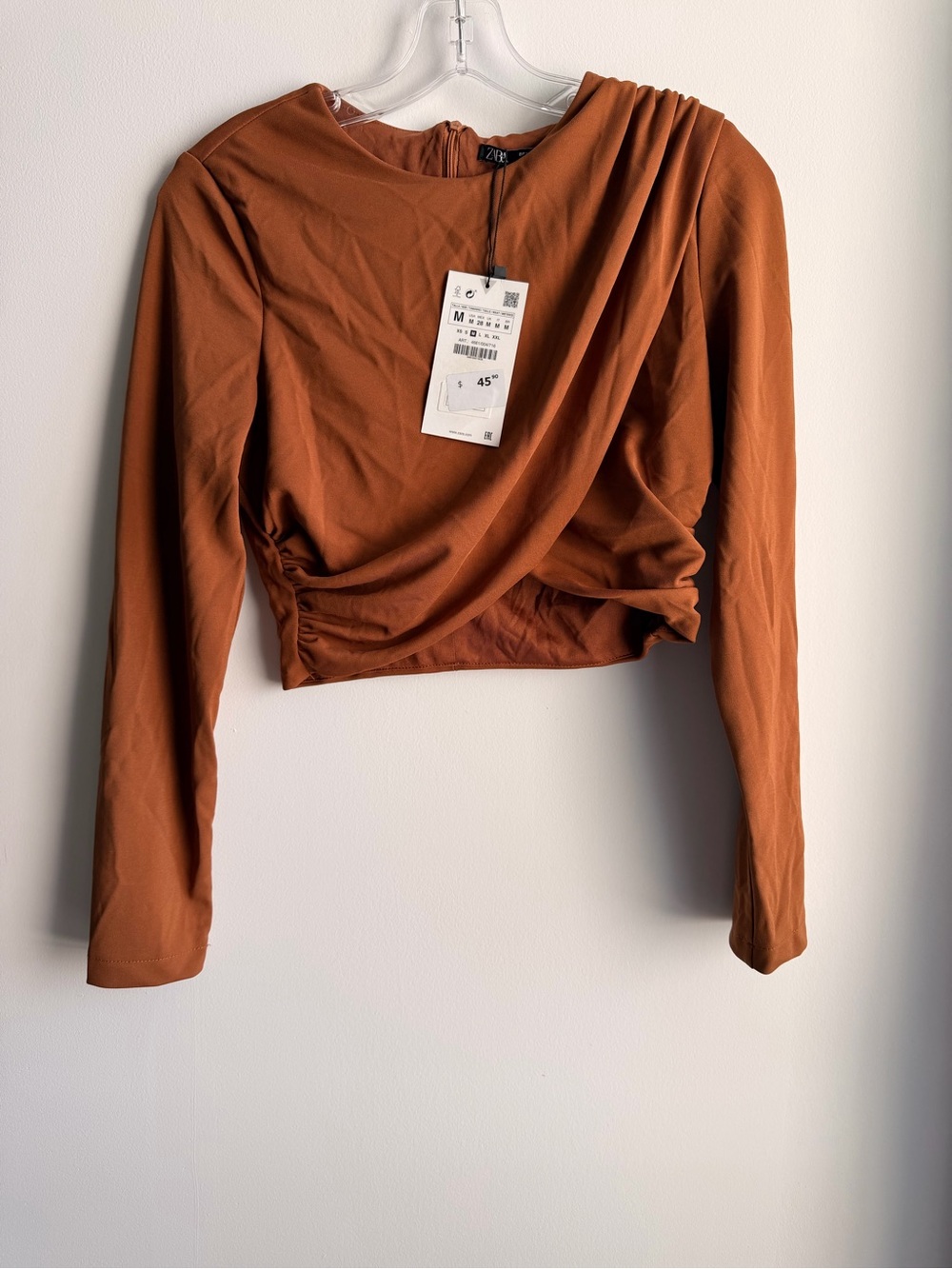 Zara Rust Orange Draped Long-Sleeve Crop Top